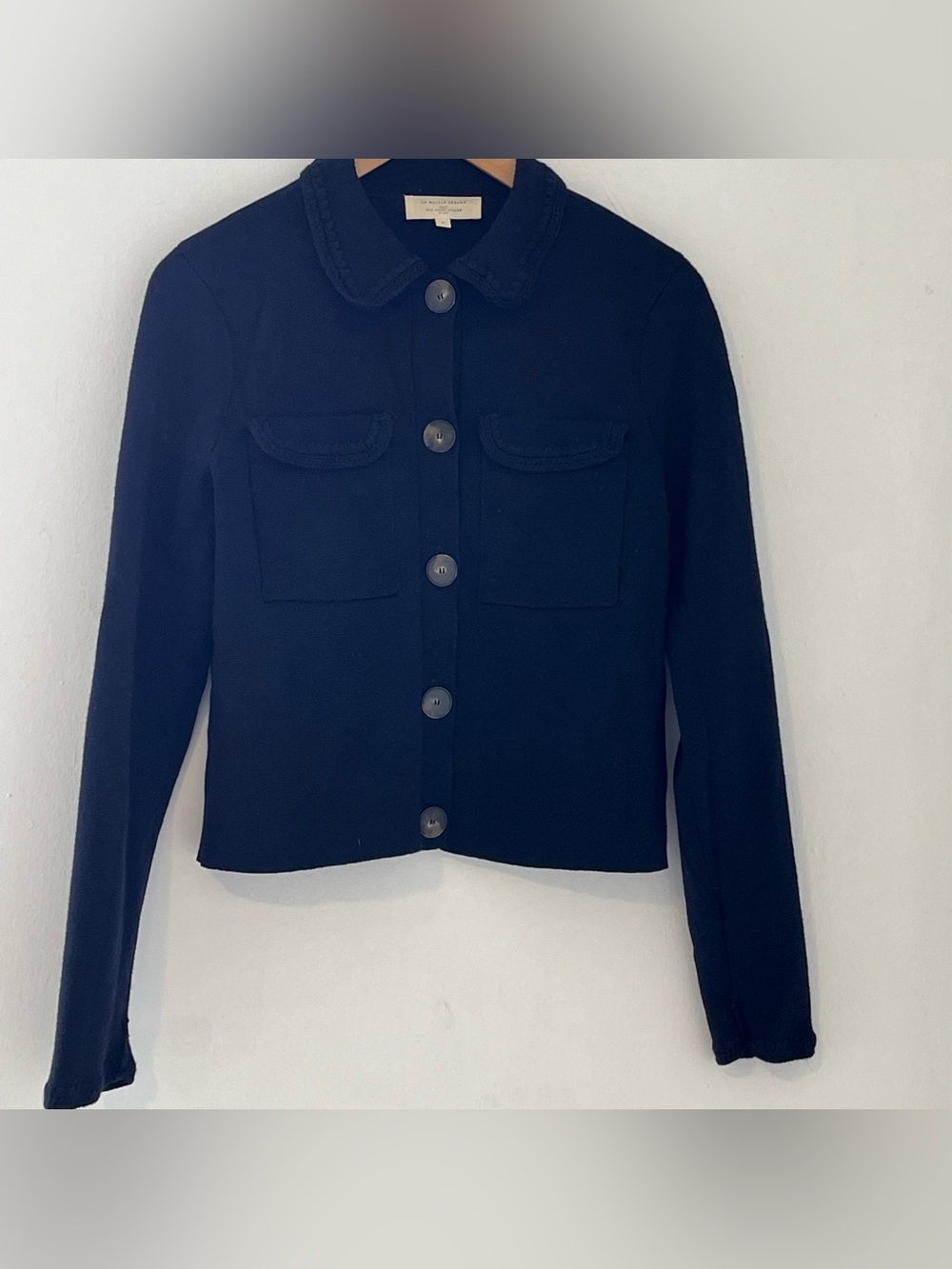 Sezane Navy Button-Front Wool Cardigan